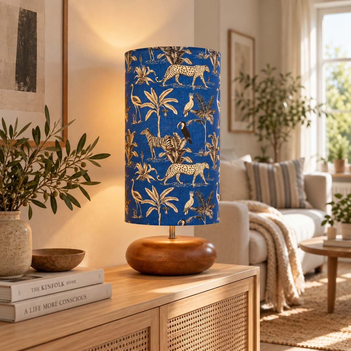 Bordlampa i Mangoträ med Savannblå Tygskärm | Handgjord Design för Elegant Belysning