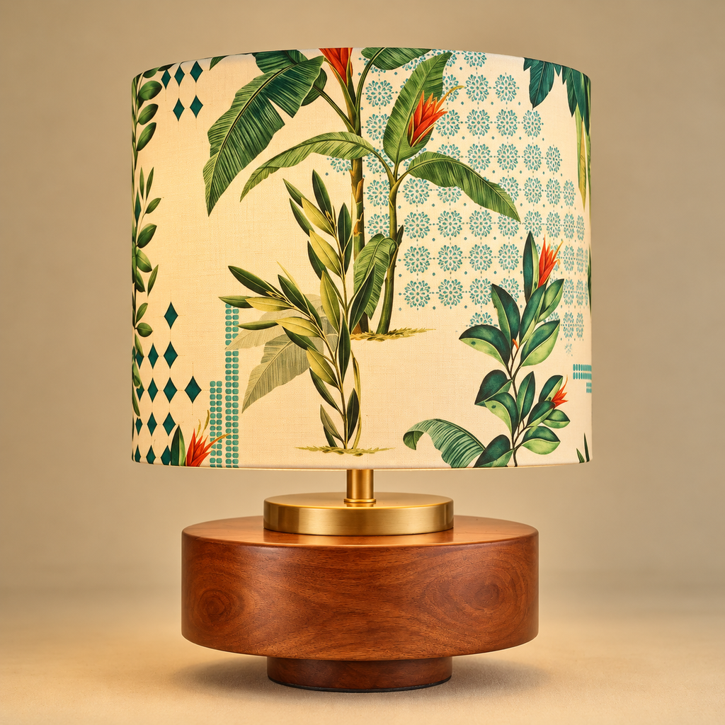 RIO Collection | Bordslampa i Mangoträ med Tropisk Silkesskärm | Handgjord