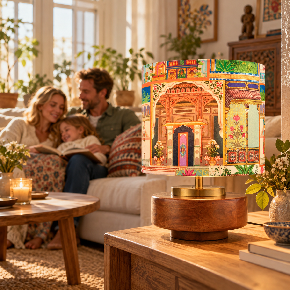 RIO-Kollektion | Bordlampa i Mangoträ – Maharani Sidenskärm | Handgjord