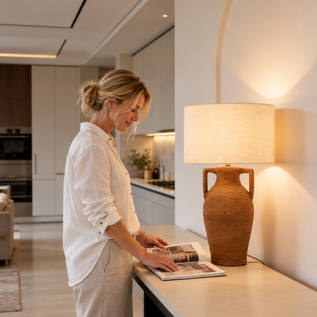 TerraLuxe | Terrakotta & Textil Bordslampa | Handgjord