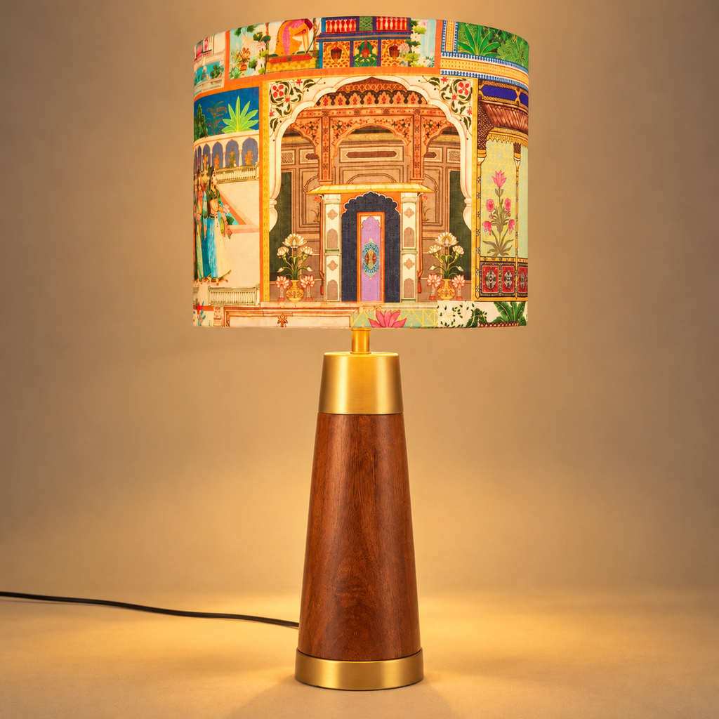 Maharani | Bordlampa i Mangoträ – Silkesskärm | Handgjord