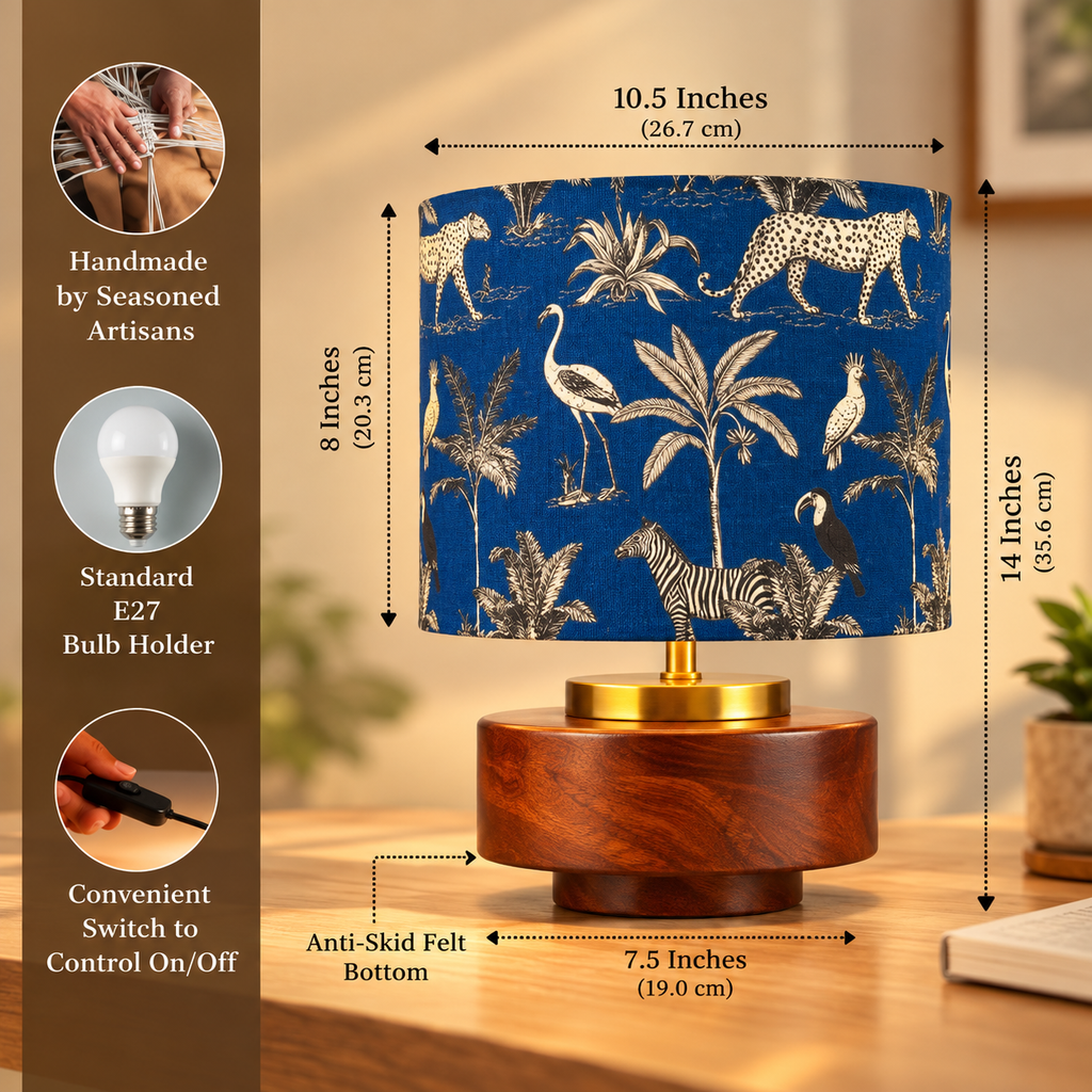 RIO-Collection | Bordlampa i Mangoträ med Savannblå Tygskärm | Handgjord