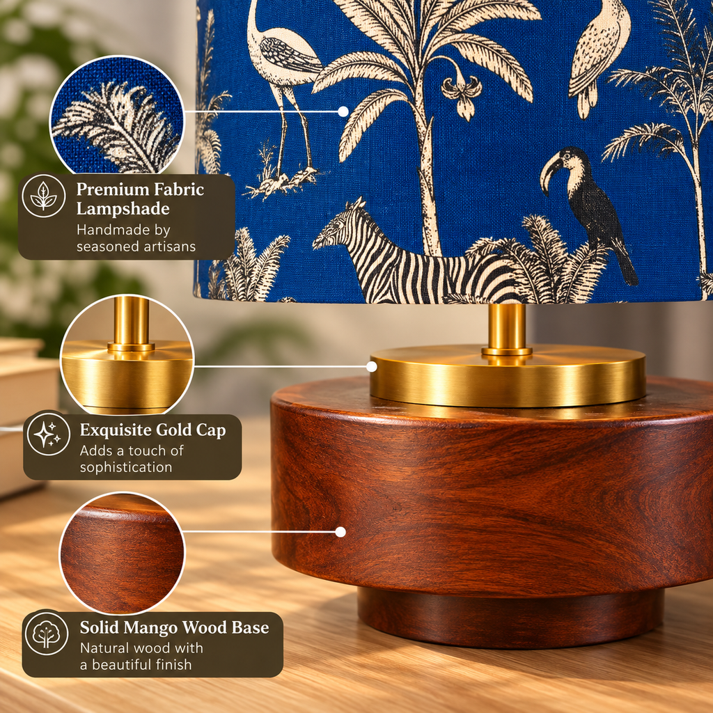 RIO-Collection | Bordlampa i Mangoträ med Savannblå Tygskärm | Handgjord