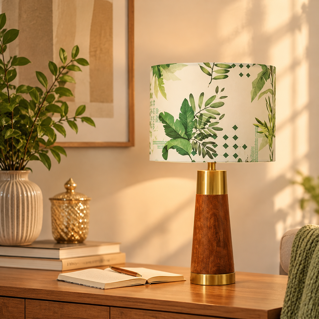 RIO-kollektionen | Bordlampa i Mangoträ – Grön Tropical Tygskärm | Handgjord