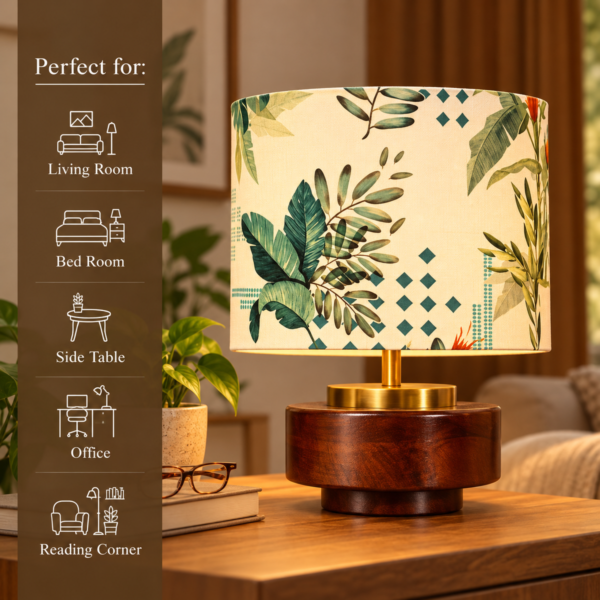 RIO Collection | Bordslampa i Mangoträ med Tropisk Silkesskärm | Handgjord
