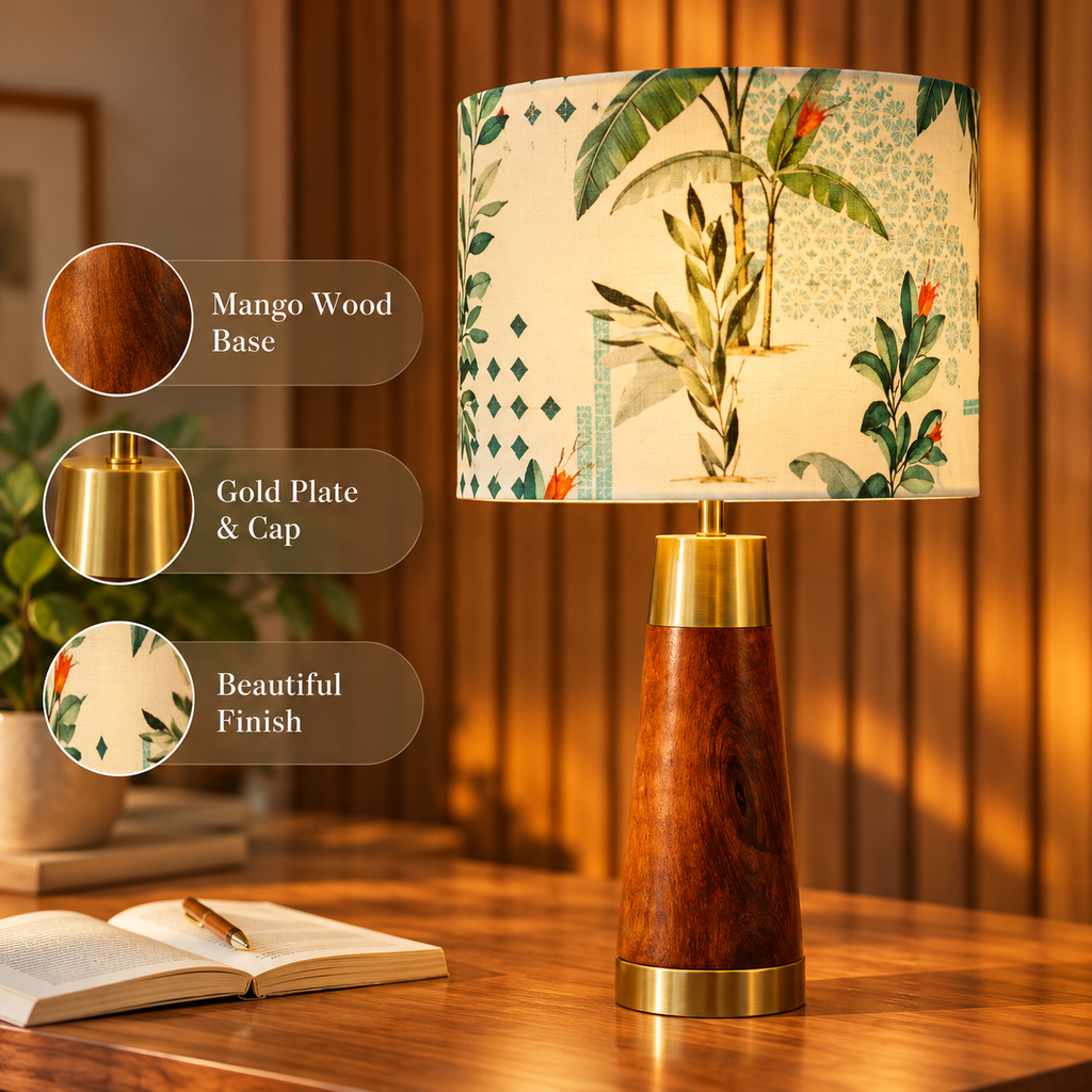 RIO-kollektionen | Bordlampa i Mangoträ – Grön Tropical Tygskärm | Handgjord
