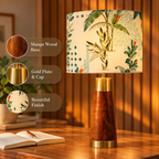 RIO-kollektionen | Bordlampa i Mangoträ – Grön Tropical Tygskärm | Handgjord