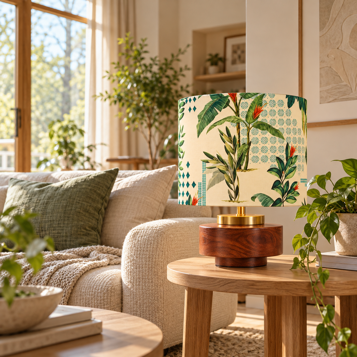 RIO Collection | Bordslampa i Mangoträ med Tropisk Silkesskärm | Handgjord