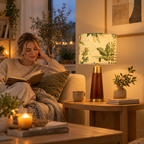RIO-kollektionen | Bordlampa i Mangoträ – Grön Tropical Tygskärm | Handgjord