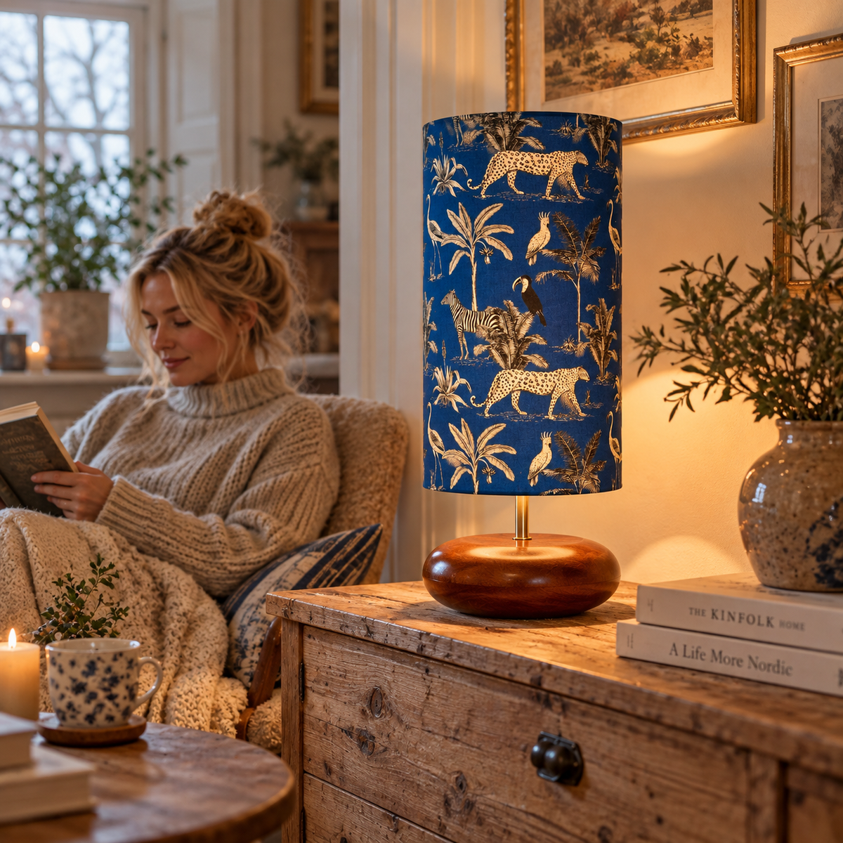Bordlampa i Mangoträ med Savannblå Tygskärm | Handgjord Design för Elegant Belysning