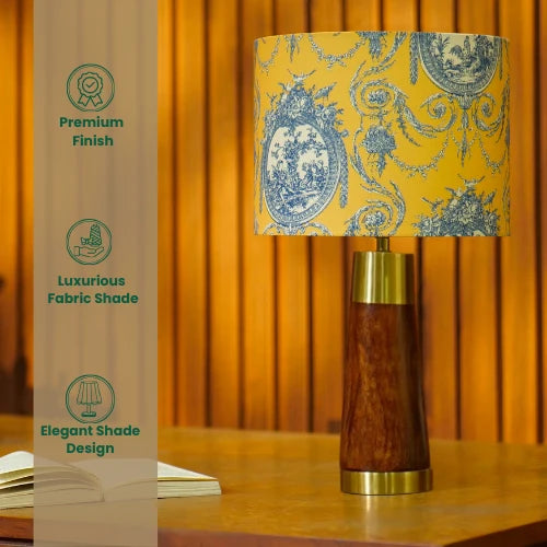 Elegant Bordlampa Guld i Mangoträ med Vintage Tyggskärm för Hemmet 2