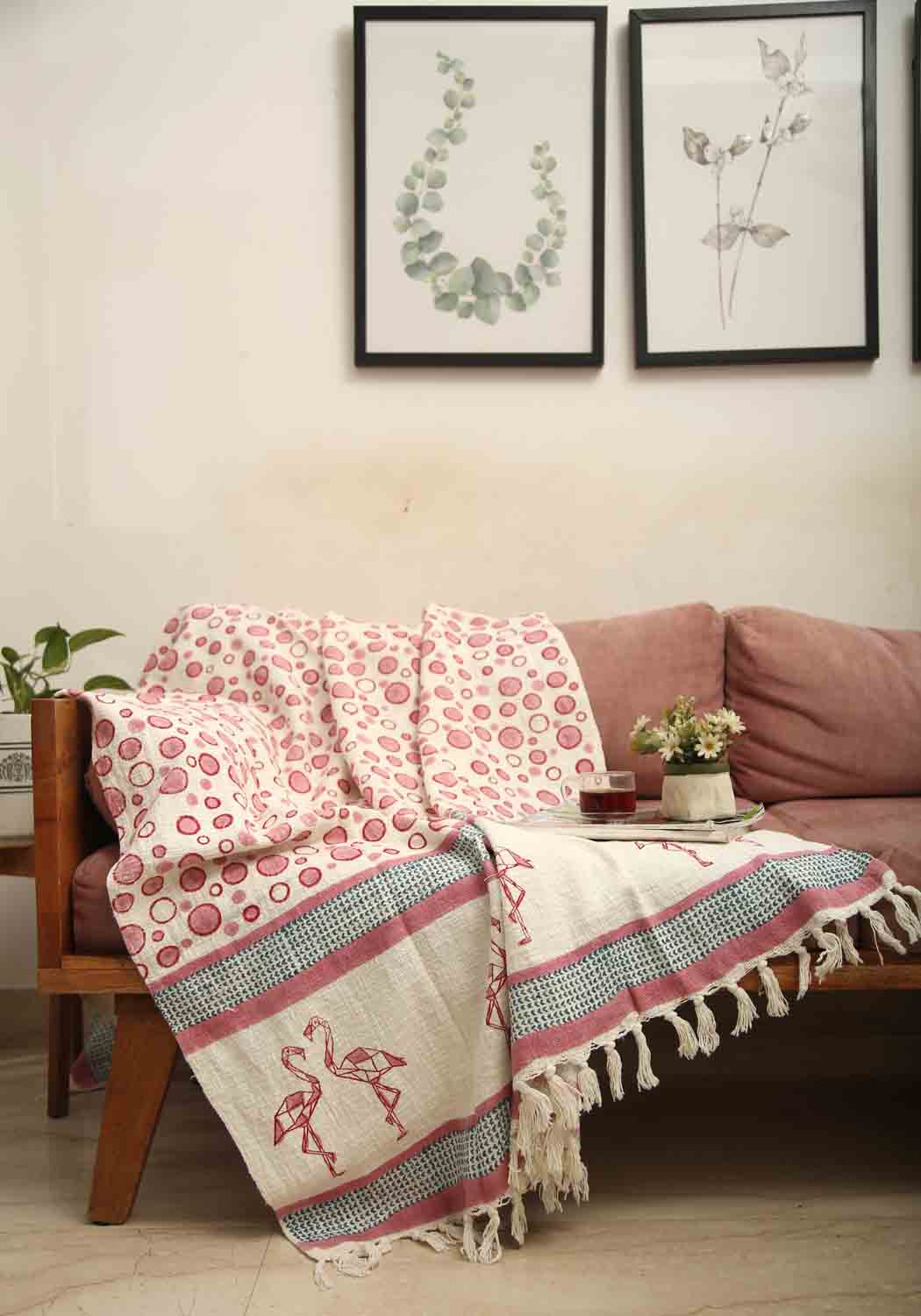Handblocktryckt Filt i 100% Bomull med Elegant Design | Mörkrosa och Ljusrosa Kasta för Mysig Atmosfär 2