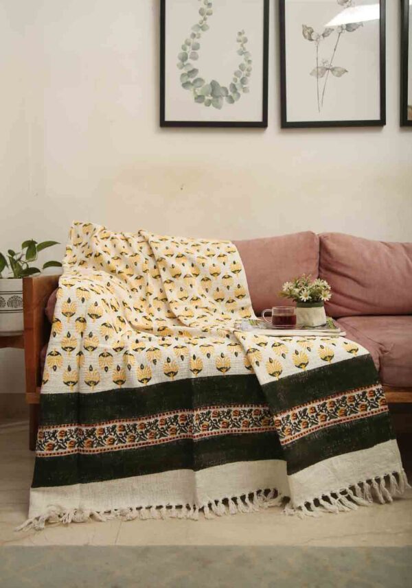 Handblocktryckt Soffkast i 100% Bomull med Chic Design | Gul och Grön för Elegant Heminredning 2