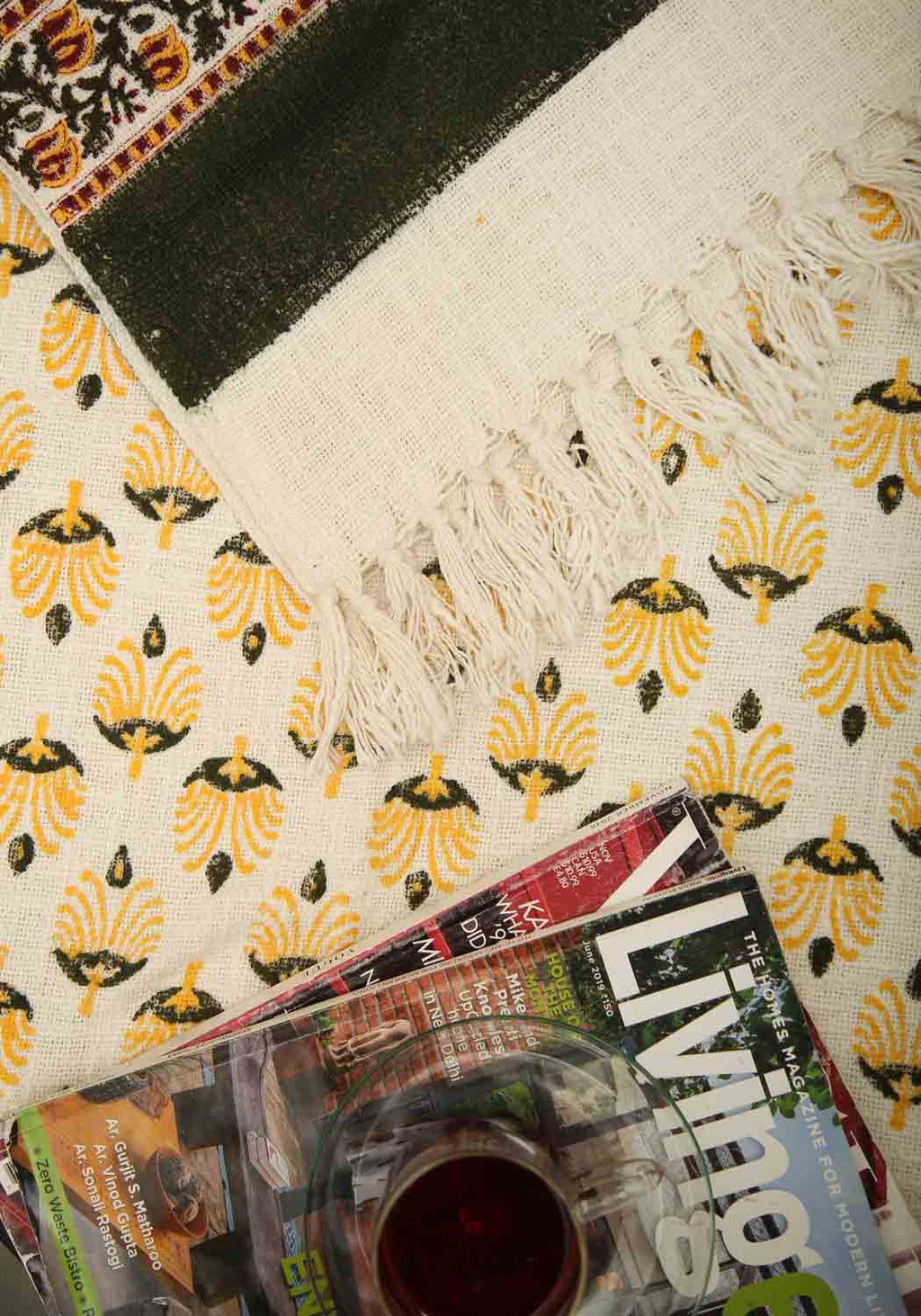 Handblocktryckt Soffkast i 100% Bomull med Chic Design | Gul och Grön för Elegant Heminredning 5