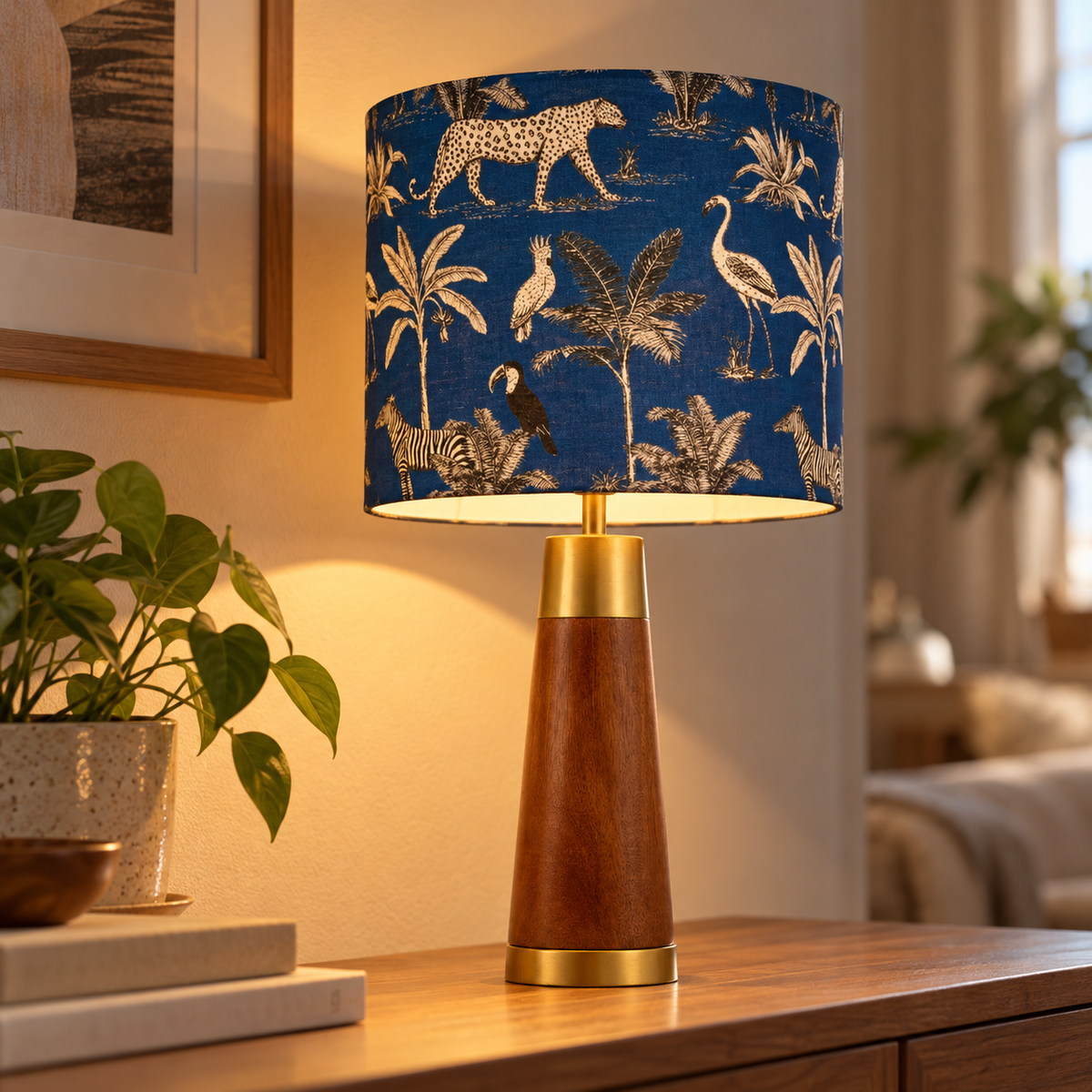 RIO-kollektionen | Bordlampa i Mangoträ med Savannblå Tygskärm | Handgjord