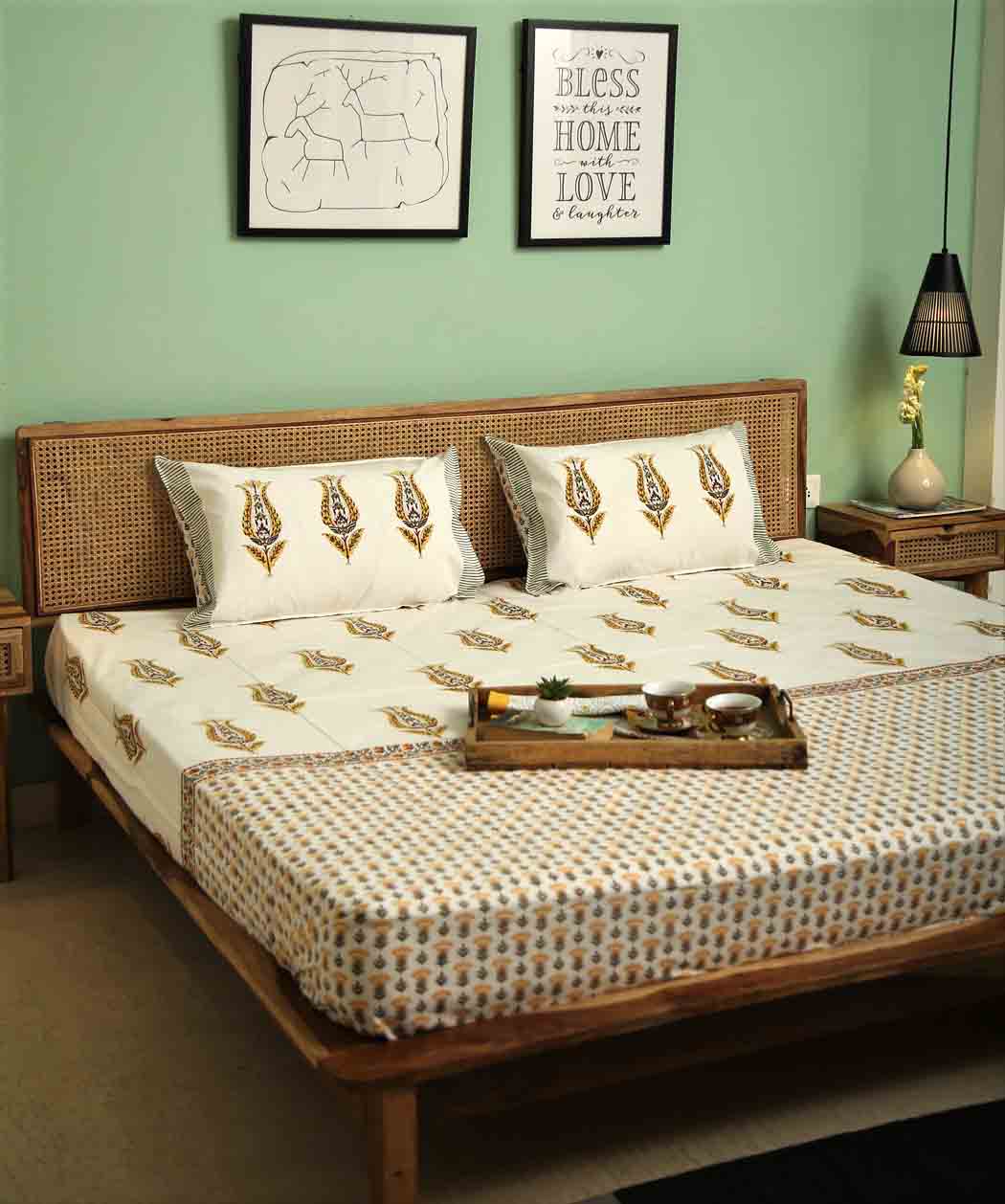 Olive Grace | Premium Bomull Lakan med Handblocktryck | Färgglad Design för Elegant Sovrum 3