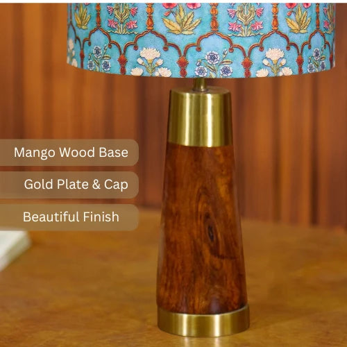 Rio-kollektionen | Bordlampa i Mangoträ med Blågrön Tygskärm | Handgjord Design för Elegant Belysning 2