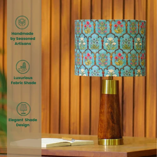 Rio-kollektionen | Bordlampa i Mangoträ med Blågrön Tygskärm | Handgjord Design för Elegant Belysning 3