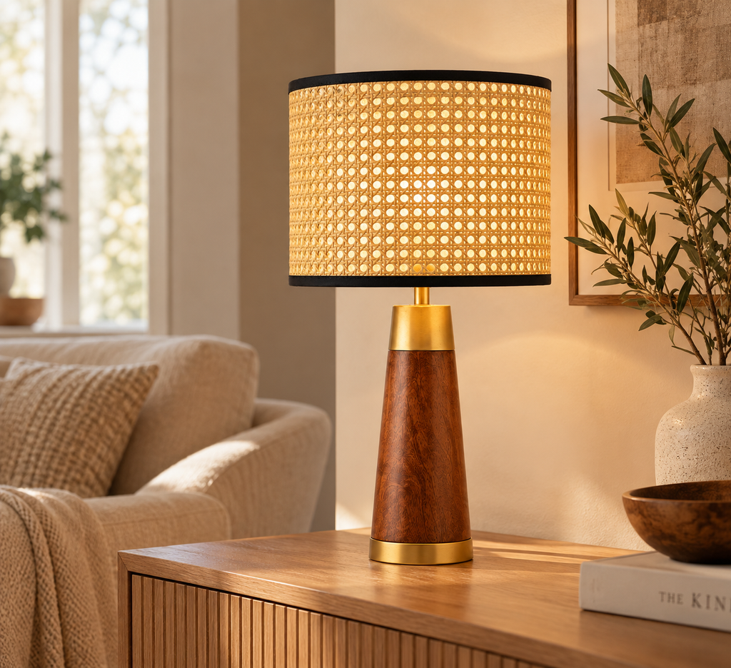 Solaza Natural | Mango Wood Table Lamp – Rattan Shade | Handmade