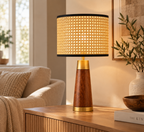 Solaza Natural | Mango Wood Table Lamp – Rattan Shade | Handmade