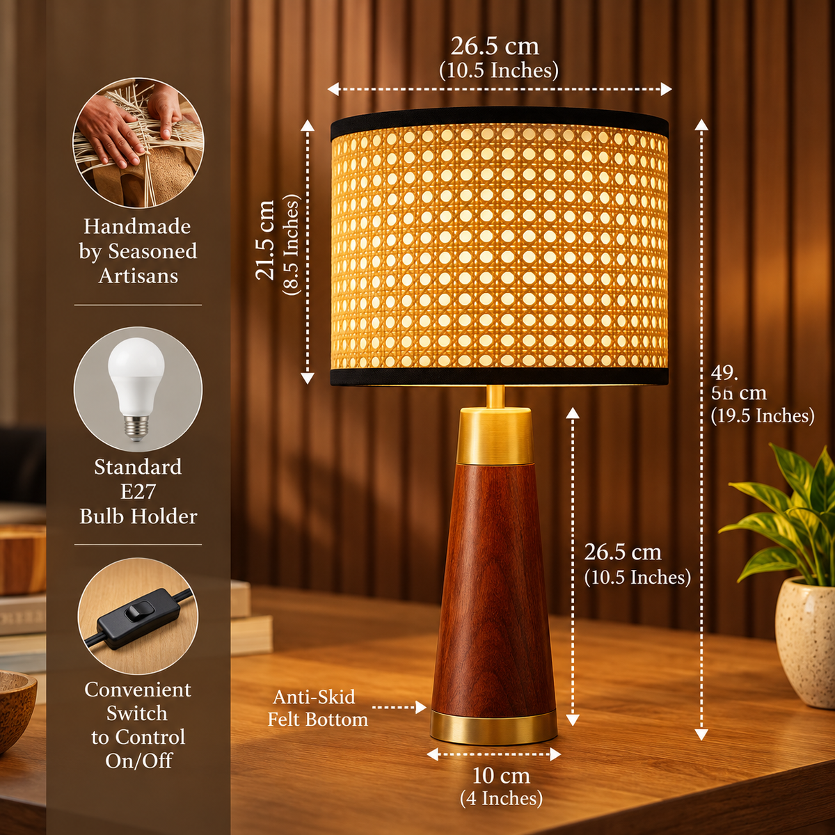 Solaza Natural | Mango Wood Table Lamp – Rattan Shade | Handmade
