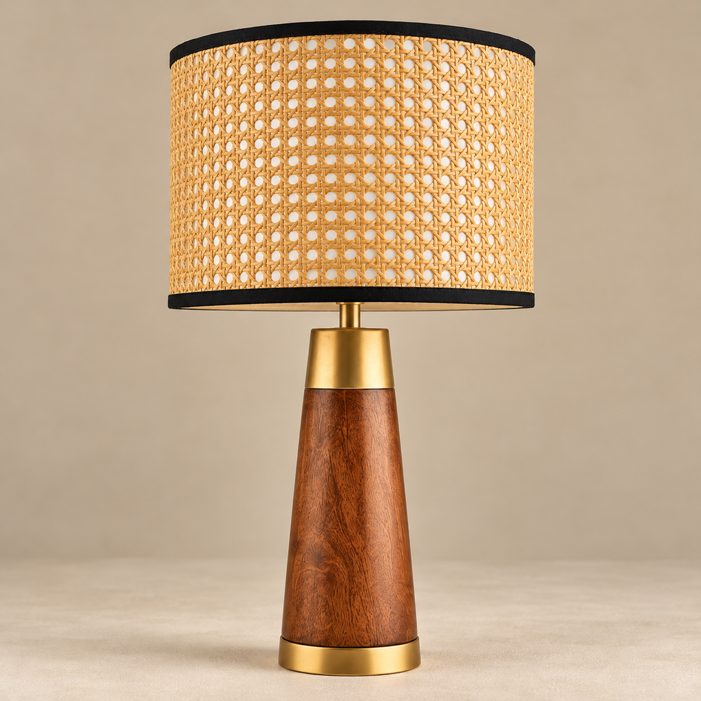 Solaza Natural | Mango Wood Table Lamp – Rattan Shade | Handmade